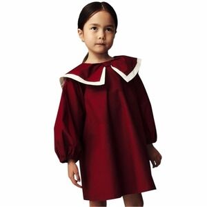 H&M Adorables Red COTTON DRESS BOW COLLAR Peter Pan Sailor 6 Long Ruched Sleeve